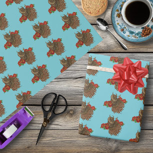 Red Roses Owl Blue Wrapping Paper