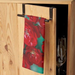 Red Roses Pale Green Leaves Tea Towel