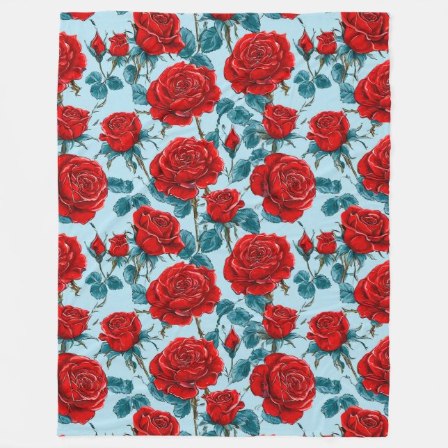 Red roses pattern fleece blanket (Front)