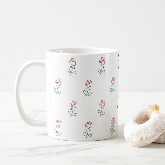 Red Roses, Pattern Of Roses, Flowers Coffee Mug (With Donut)