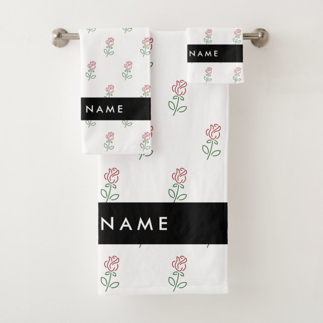 Red Roses, Pattern Of Roses, Your Name Bath Towel Set (Insitu)