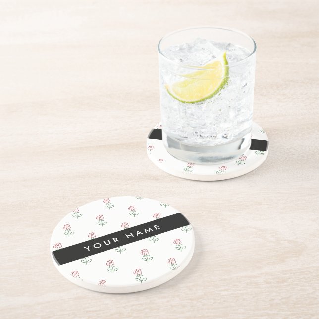 Red Roses, Pattern Of Roses, Your Name Coaster (Side)