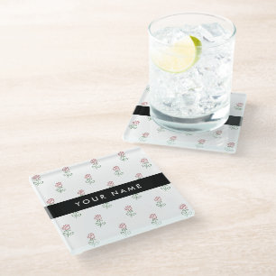 Red Roses, Pattern Of Roses, Your Name Glass Coaster