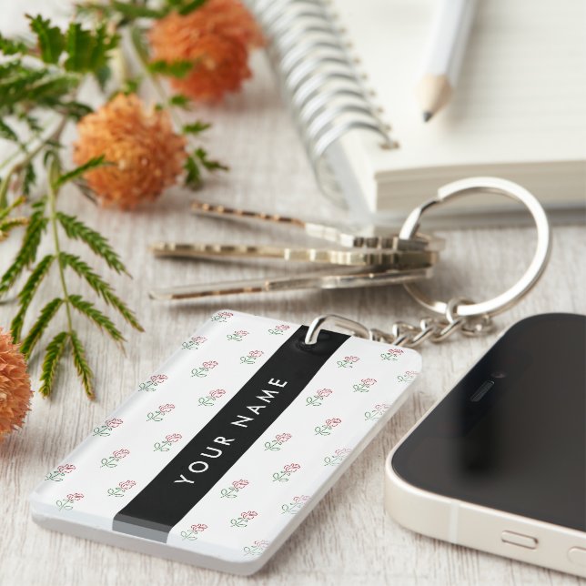 Red Roses, Pattern Of Roses, Your Name Key Ring (Front Right)