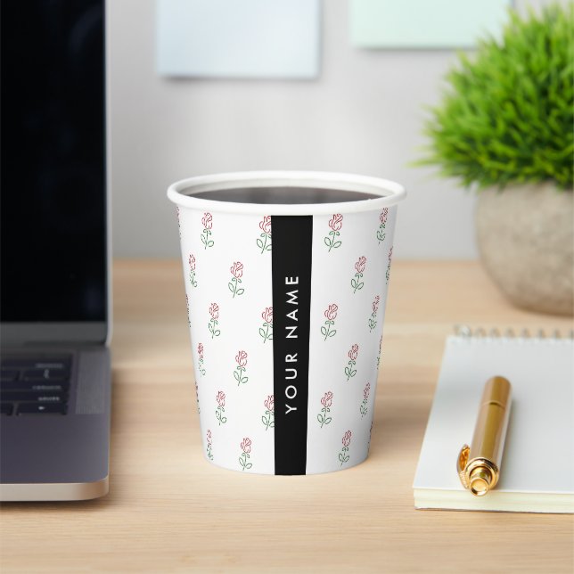 Red Roses, Pattern Of Roses, Your Name Paper Cups (Insitu)
