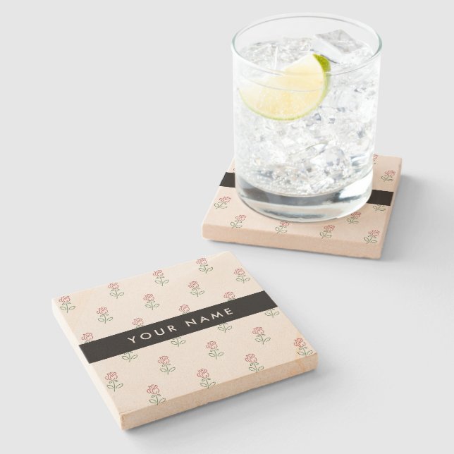 Red Roses, Pattern Of Roses, Your Name Stone Coaster (Side)