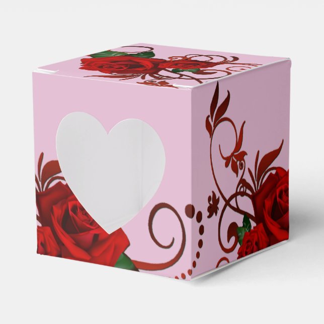 Red Roses Pattern Pink Heart Favour Box (Front Side)