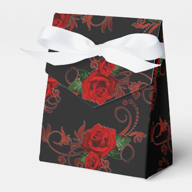 Red Roses Pattern Red and Black Favour Box (Front Side)