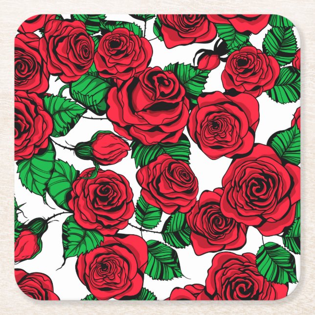 Red roses pattern square paper coaster (Front)