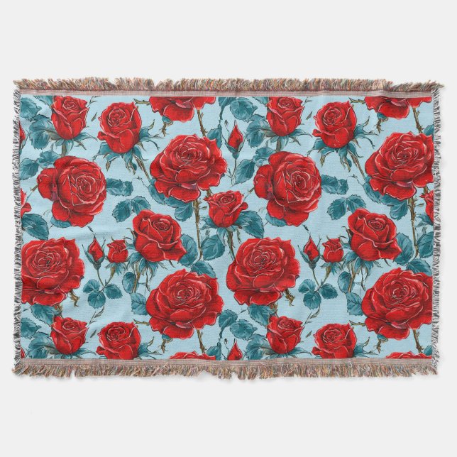 Red roses pattern throw blanket (Front)