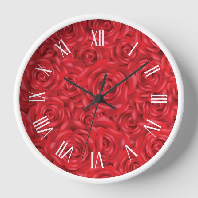 Red roses pattern white numerals clock (Front)