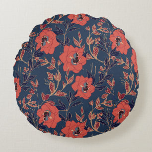 Red Roses Peonies Dark Background Round Cushion