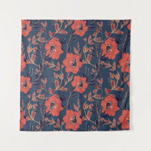 Red Roses Peonies Dark Background Tapestry