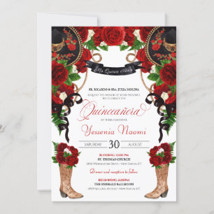 Red Roses & Peonies Western Charra Quinceanera Invitation