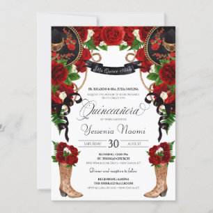 Red Roses & Peonies Western Charro Quinceanera Inv Invitation