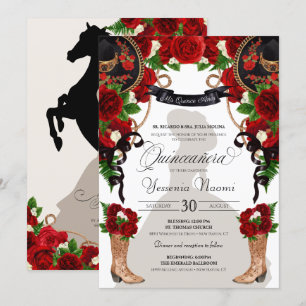 Red Roses & Peonies Western Charro Quinceanera Invitation