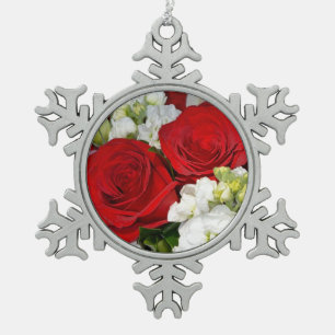 Red roses pewter snowflake ornament
