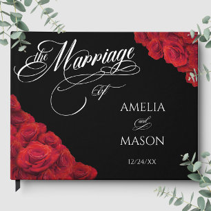 Red Roses Photo Calligraphy Script Black Wedding Guest Book