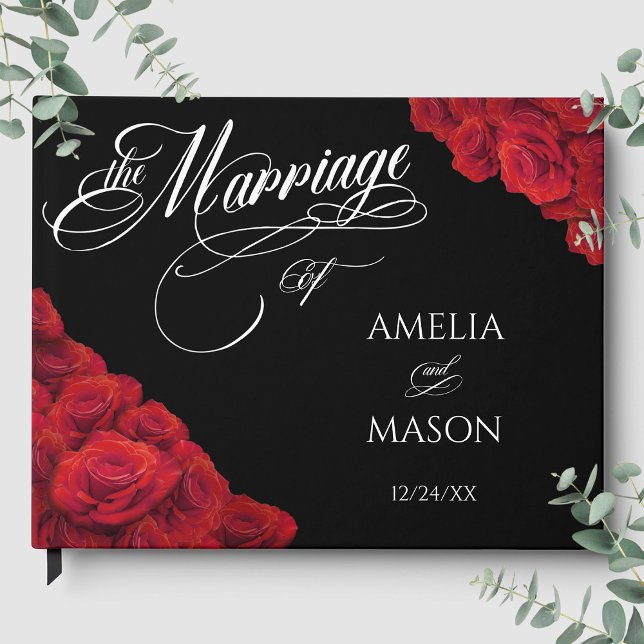 Red Roses Photo Calligraphy Script Black Wedding Guest Book (Red Roses Photo Calligraphy Script Black Wedding Guest Book Front)