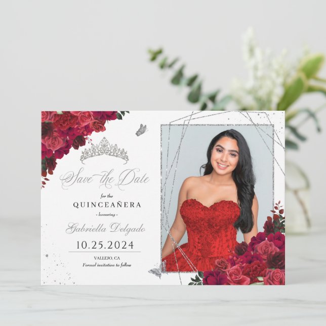 Red Roses Photo Card Quinceañera Save The Date (Standing Front)
