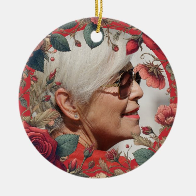 Red Roses PHOTO Memorial Keepsake Sentimental Ceramic Tree Decoration (Front)