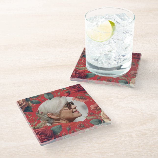 Red Roses PHOTO Memorial Keepsake Sentimental Glass Coaster (Angled)