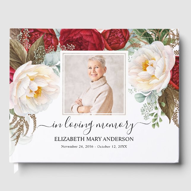 Red Roses Photo Sympathy Funeral Watercolor Guest Book (Front)