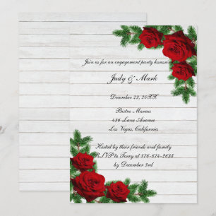 Red Roses & Pine Branch Christmas Engagement Party Invitation