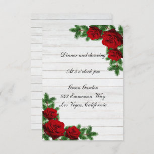 Red Roses Pine Branch Christmas Wedding Reception Invitation