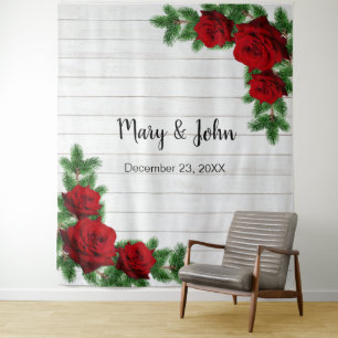 Red Roses & Pine Branch Wedding Photo Backdrop Tapestry