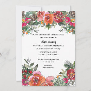 Red Roses & Pine Cones Watercolor Bridal Shower Invitation