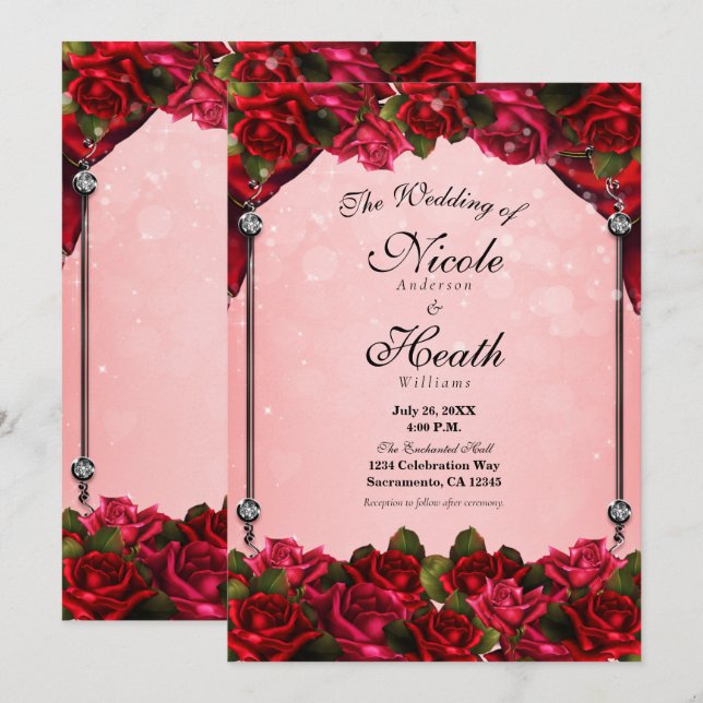 Red Roses & Pink Glam Wedding Invitation (Front/Back)