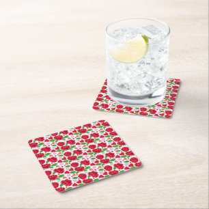 Red Roses Pink Hearts Happy Valentines Day Square Paper Coaster
