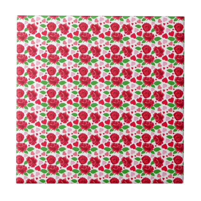 Red Roses Pink Hearts Happy Valentines Day Tile (Front)