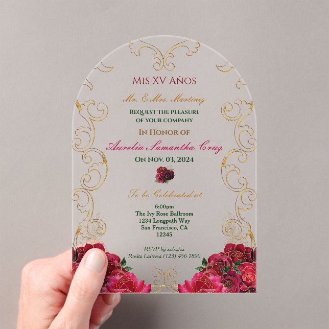 Red Roses Quinceañera Floral Acrylic Invitation (Insitu (Handheld))