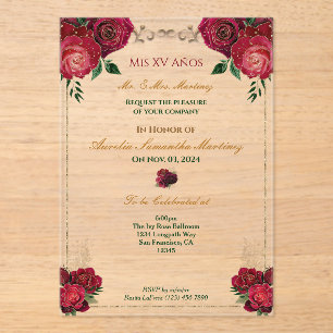 Red Roses Quinceañera  FloralAcrylic Invitation