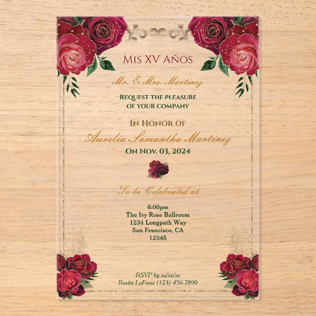 Red Roses Quinceañera  FloralAcrylic Invitation (Front)