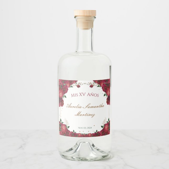 Red Roses Quinceañera Liquor Bottle Labels (Front)