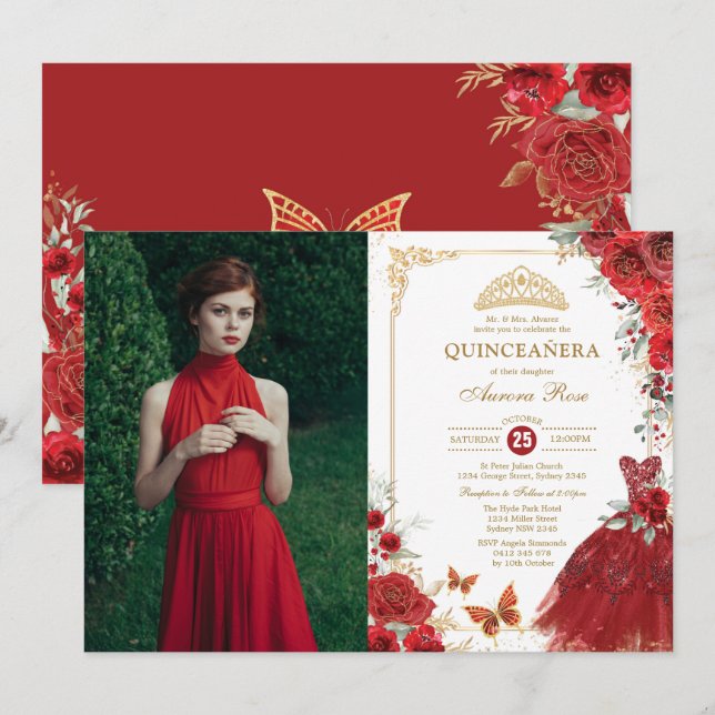 Red Roses Quinceañera Princess Tiara Mis Quince 15 Invitation (Front/Back)