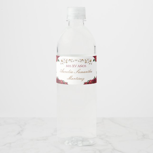 Red Roses Quinceañera Water Bottle Labels (Front)