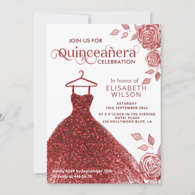 Red roses red glitter dress Quinceañera Invitation (Front)