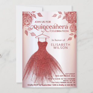 Red roses red glitter dress Quinceañera Invitation