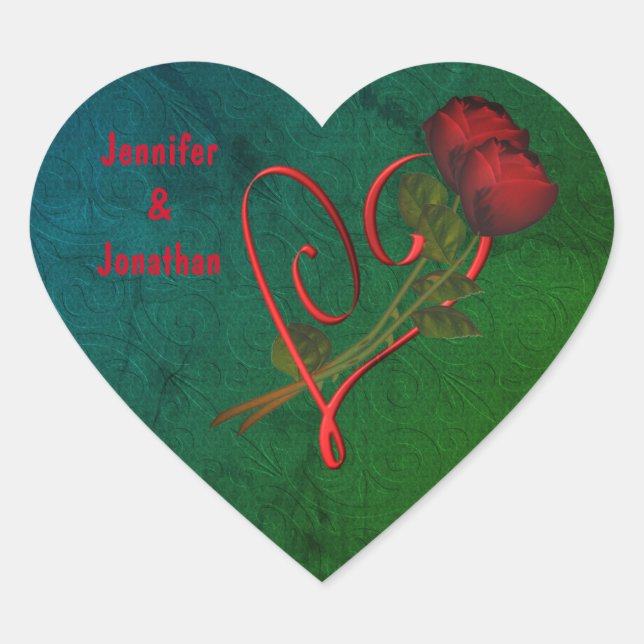 Red Roses Red Heart Personalised Wedding Heart Sticker (Front)
