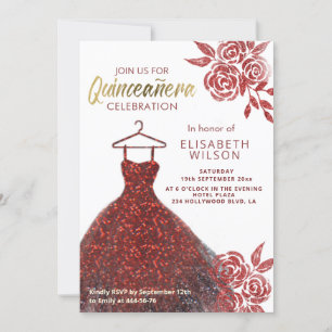 Red roses red sequins dress Quinceañera Invitation