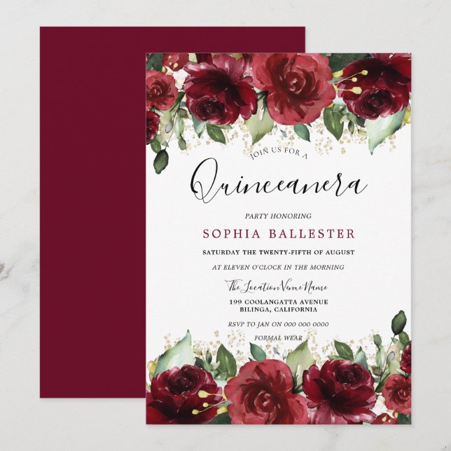 Red Roses Romantic Floral Quinceanera Party Invitation (Front/Back)