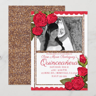 Red Roses Rose Gold Glitter Quinceañera Birthday Invitation