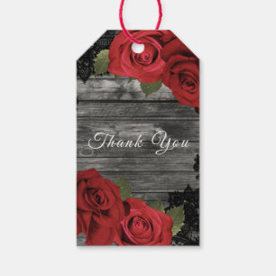 Red Roses Rustic Black Lace Wedding Favour Gift Tags