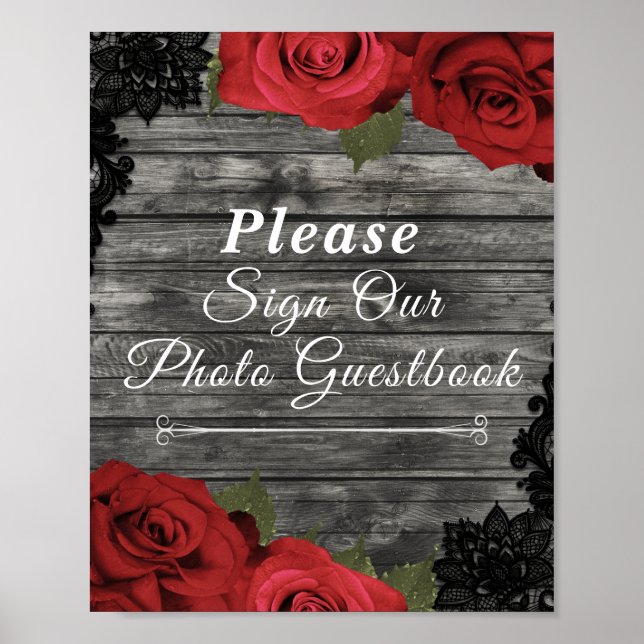Red Roses Rustic Black Lace Wedding Guestbook Sign (Front)