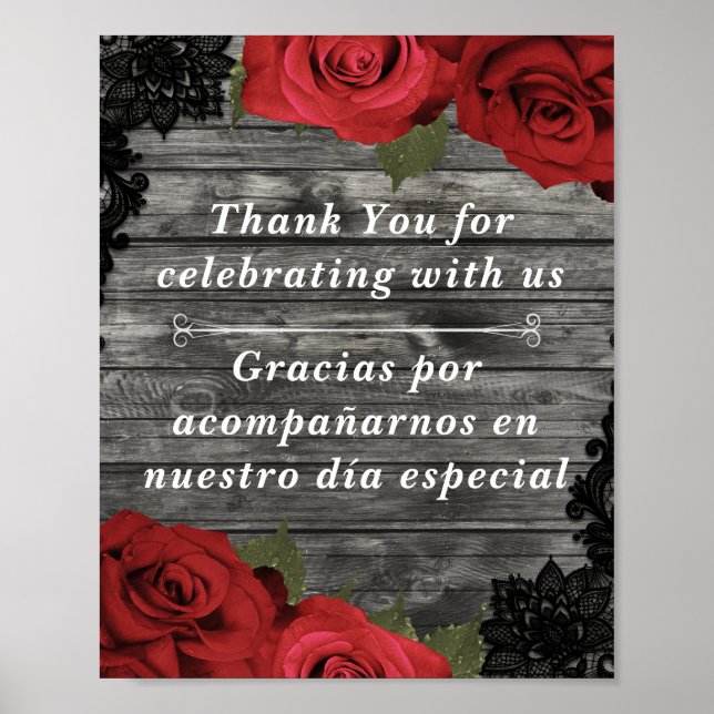 Red Roses Rustic Black Lace Wedding Table Sign (Front)