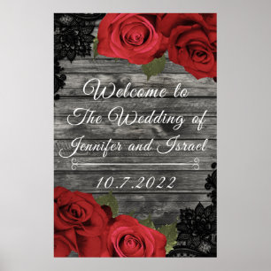 Red Roses Rustic Black Lace Wedding Wedding Sign